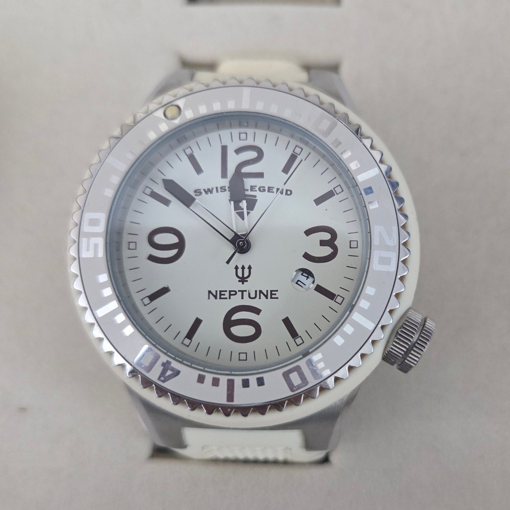 Swiss Legend Neptune White Silicone Silver Dial Swiss Quartz Mens Watch 10ATM‎